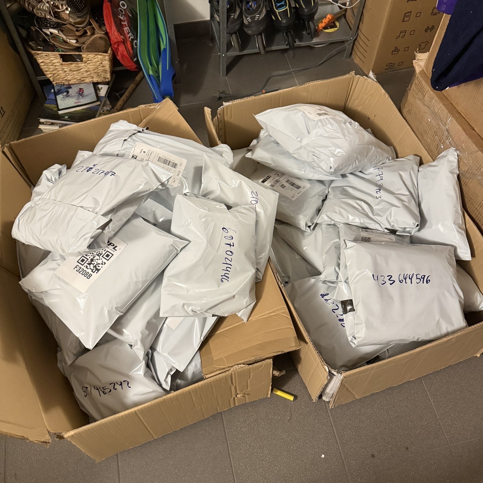Boxes of packed reselling orders ready to ship